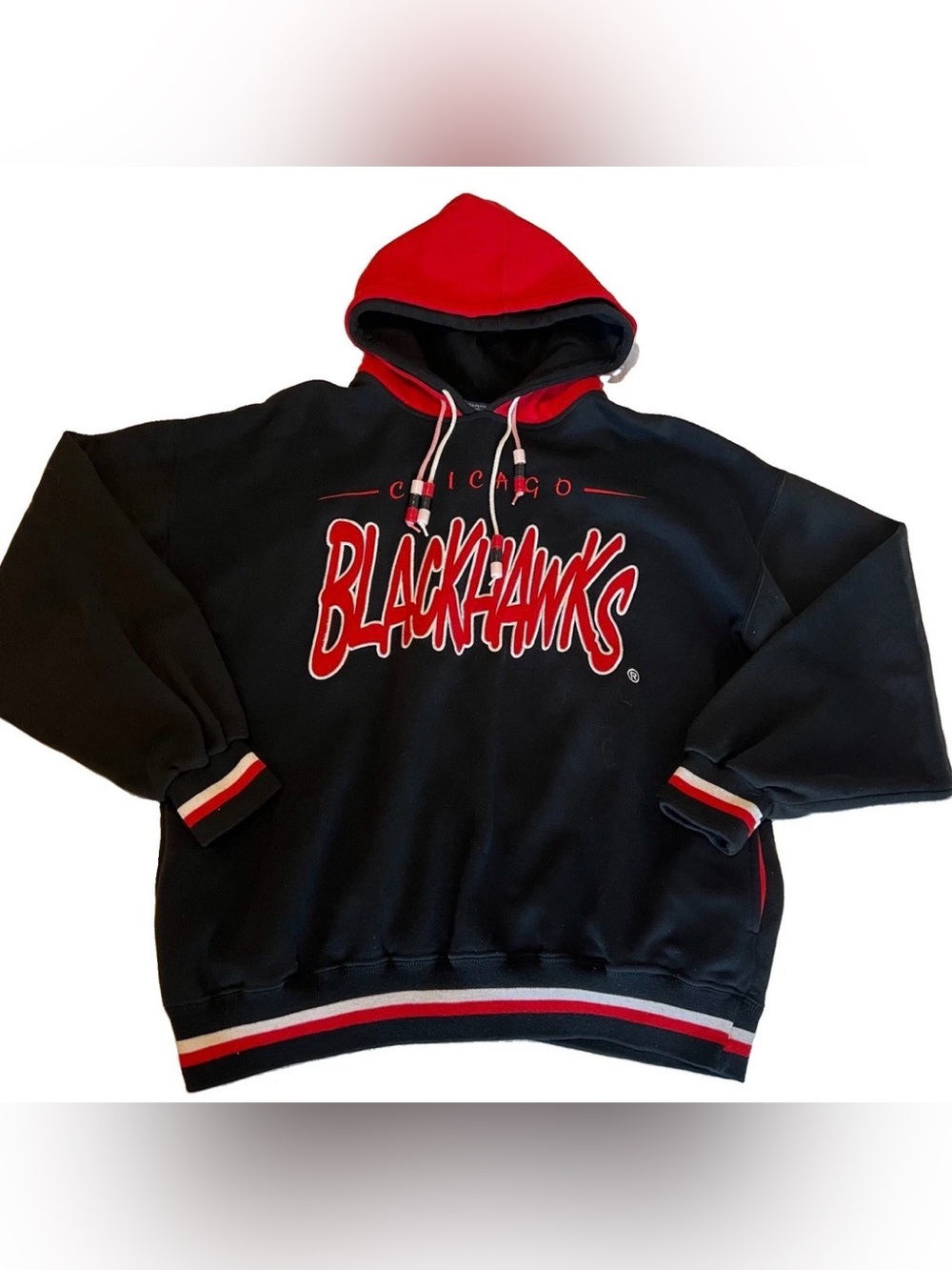 Vintage 90s Starter Chicago Blackhawks NHL Double Hoodie Size Large Black